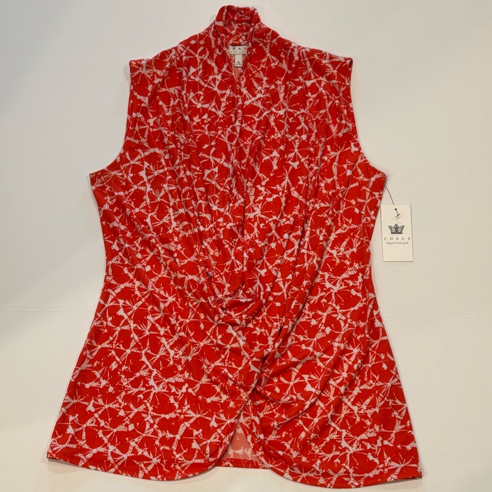 NWT CHAUS New York Women's Orange Leaf Print Faux Wrap Sleeveless Top Size L - Picture 10 of 10